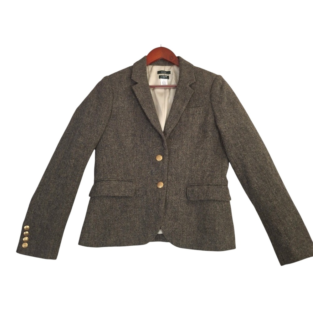 J. Crew Schoolboy Blazer Womens 6 Brown Wool Tweed Gold Crest Button Jacket